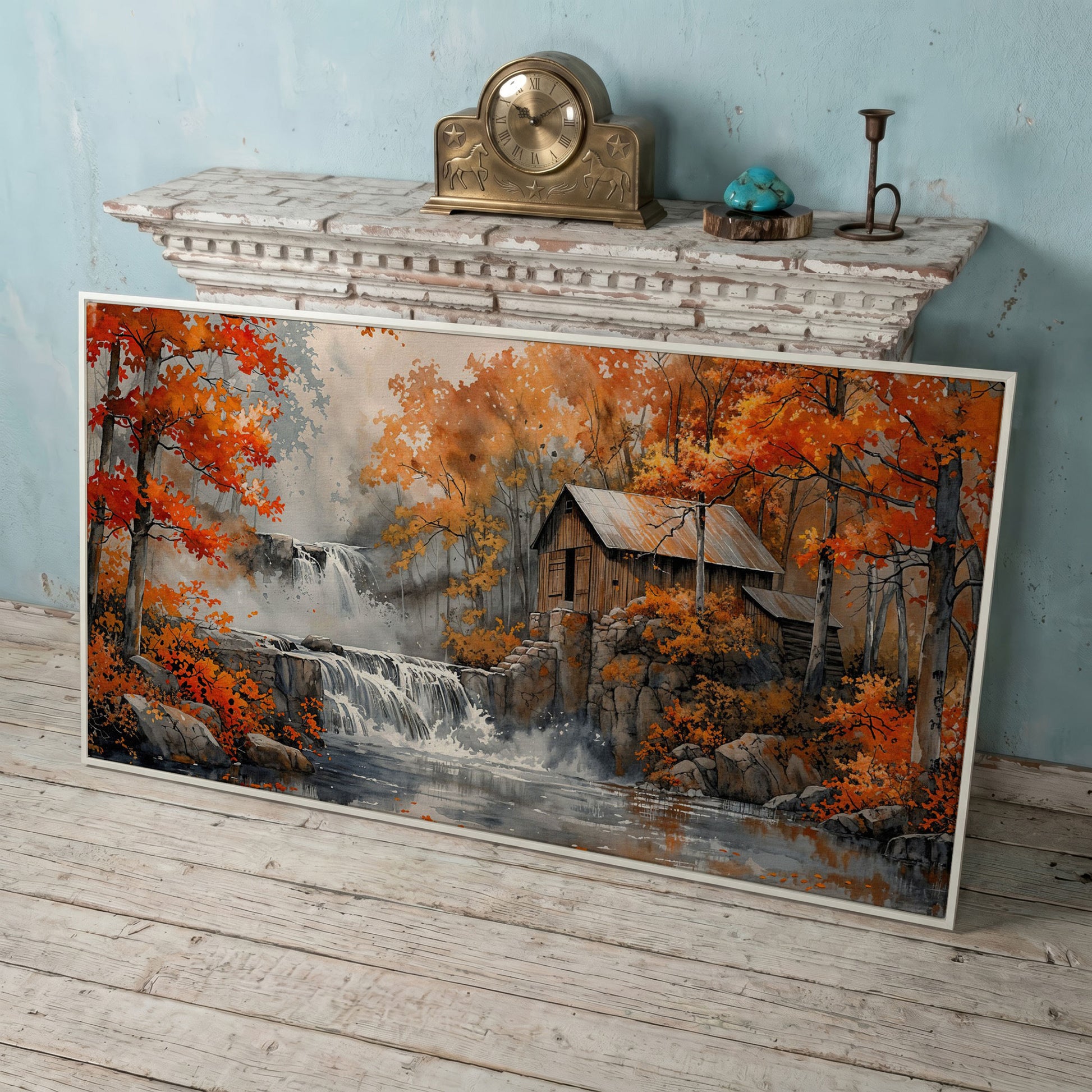 Rustic Cabin by a Waterfall in Autumn Forest Canvas Art in white floating frame