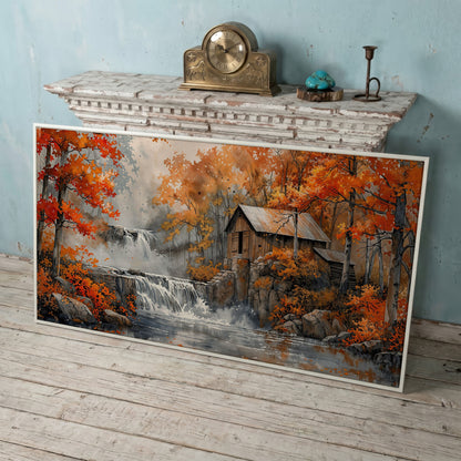 Rustic Cabin by a Waterfall in Autumn Forest Canvas Art in white floating frame