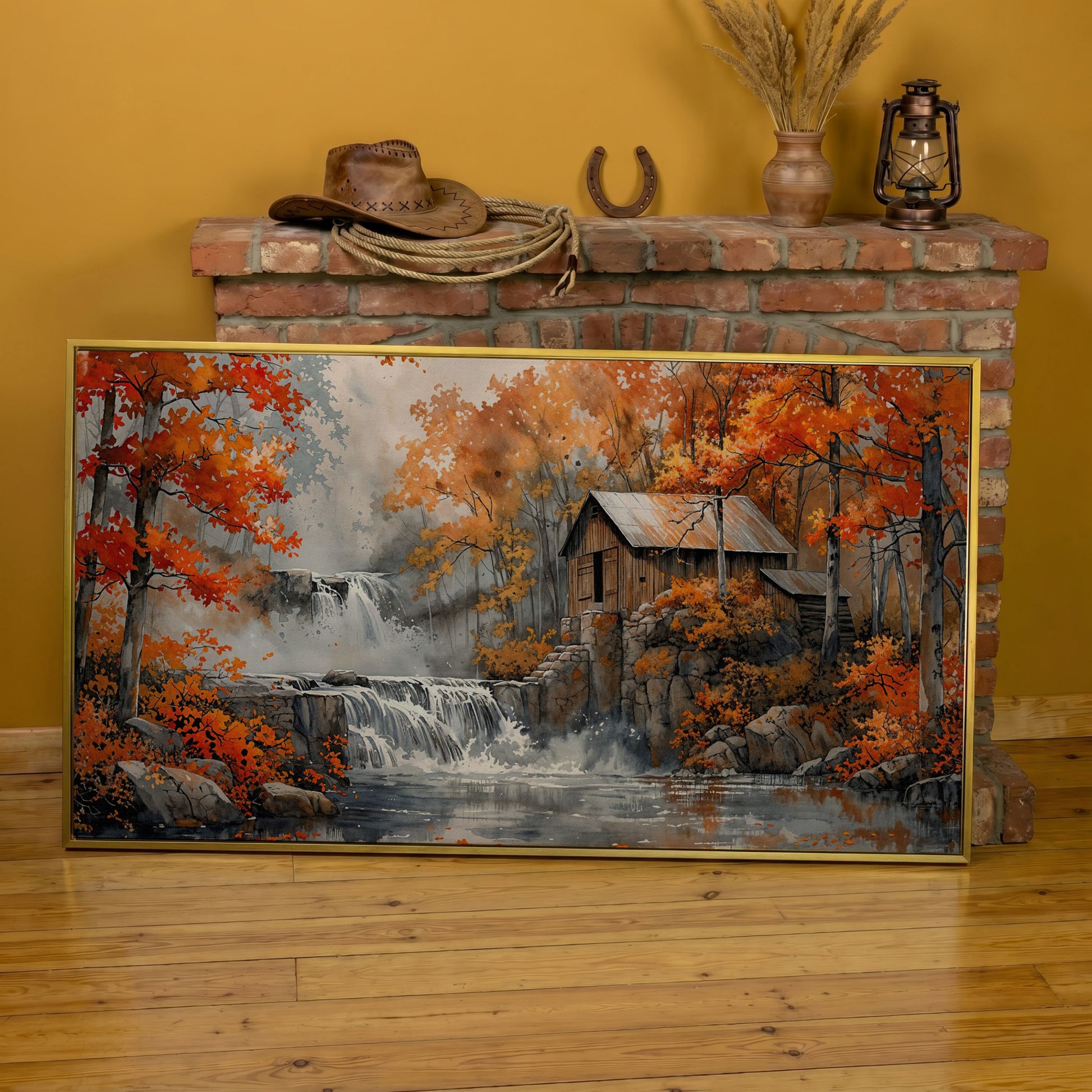 Rustic Cabin by a Waterfall in Autumn Forest Canvas Art in yellow gold floating frame