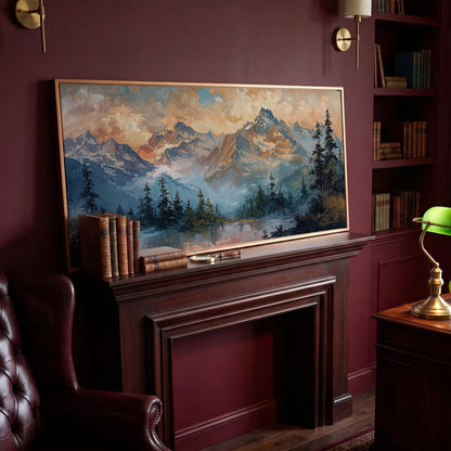 Snowy Mountain Peaks Panoramic Canvas in antique gold floating frame