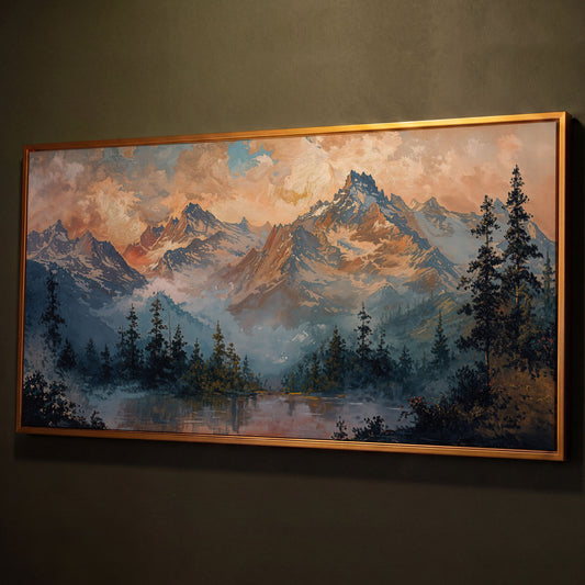 Snowy Mountain Peaks Panoramic Canvas shown in antique gold floating frame