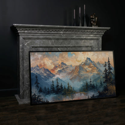 Snowy Mountain Peaks Panoramic Canvas in black floating frame