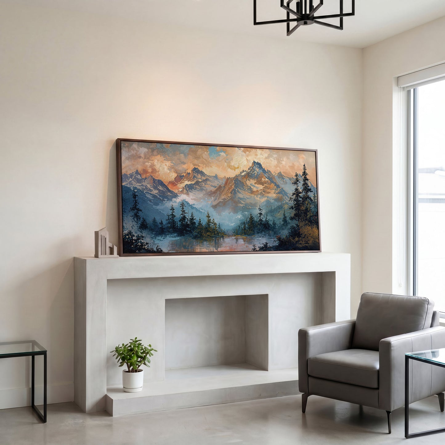 Snowy Mountain Peaks Panoramic Canvas in dark walnut floating frame