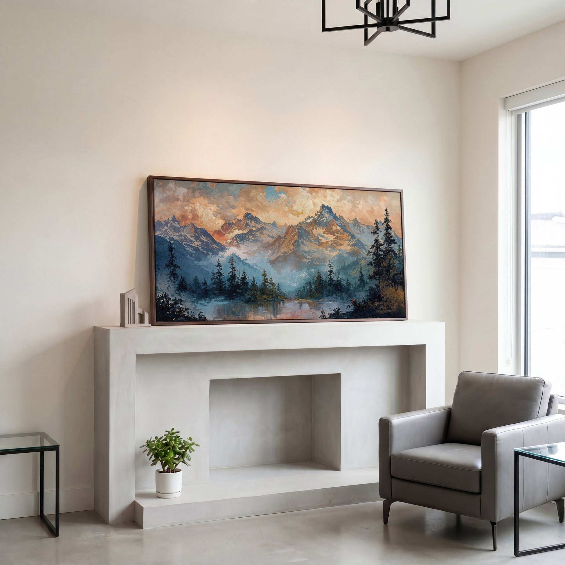 Snowy Mountain Peaks Panoramic Canvas in dark walnut floating frame