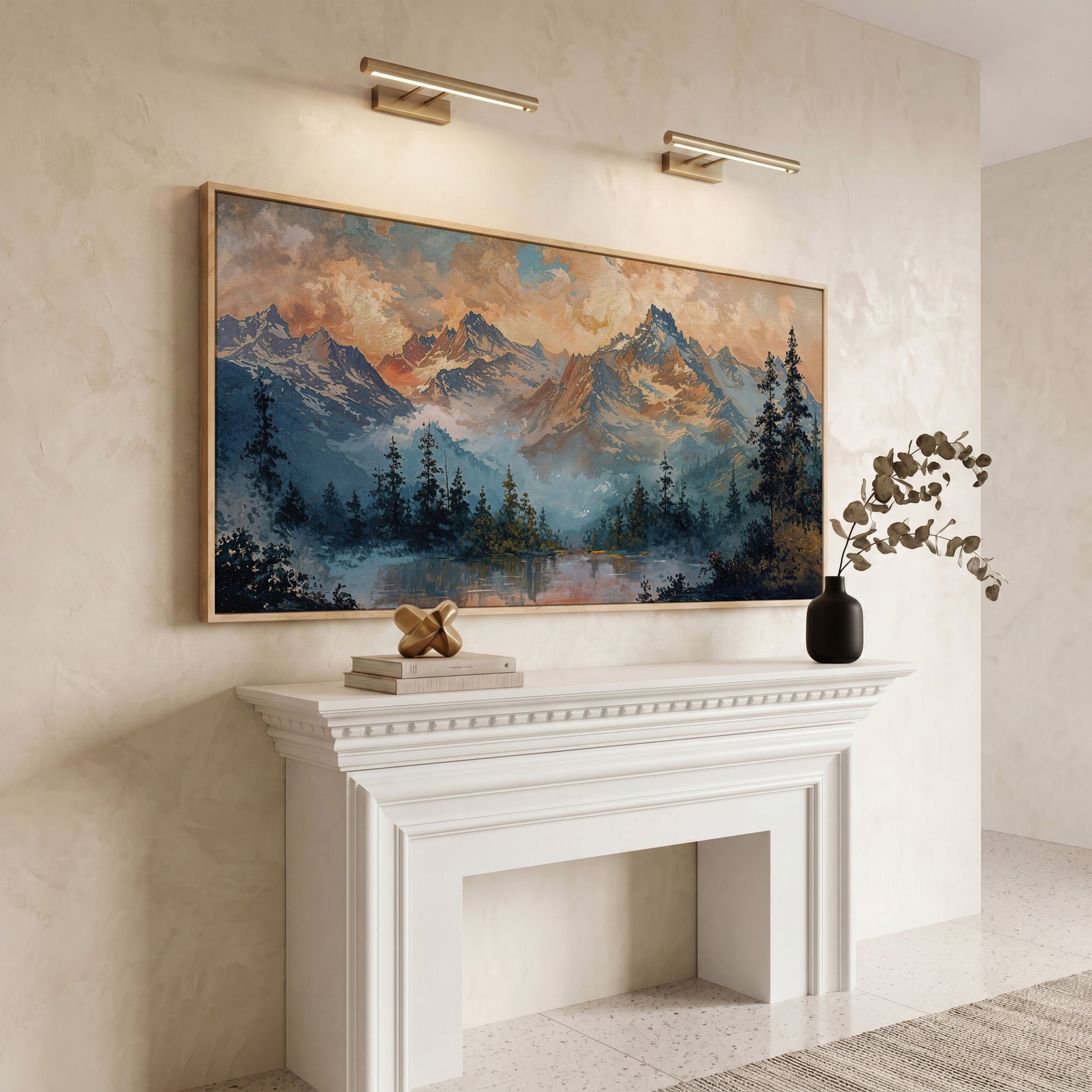 Snowy Mountain Peaks Panoramic Canvas in white oak floating frame