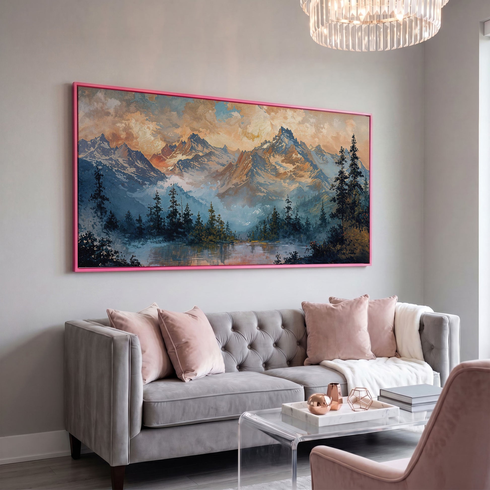 Snowy Mountain Peaks Panoramic Canvas in pink floating frame