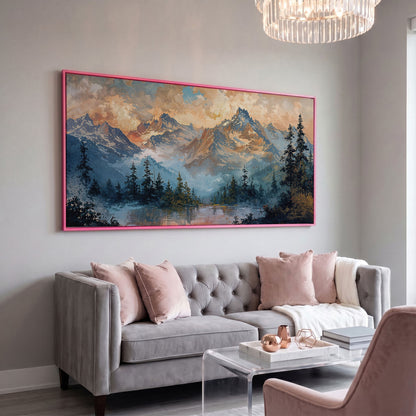 Snowy Mountain Peaks Panoramic Canvas in pink floating frame