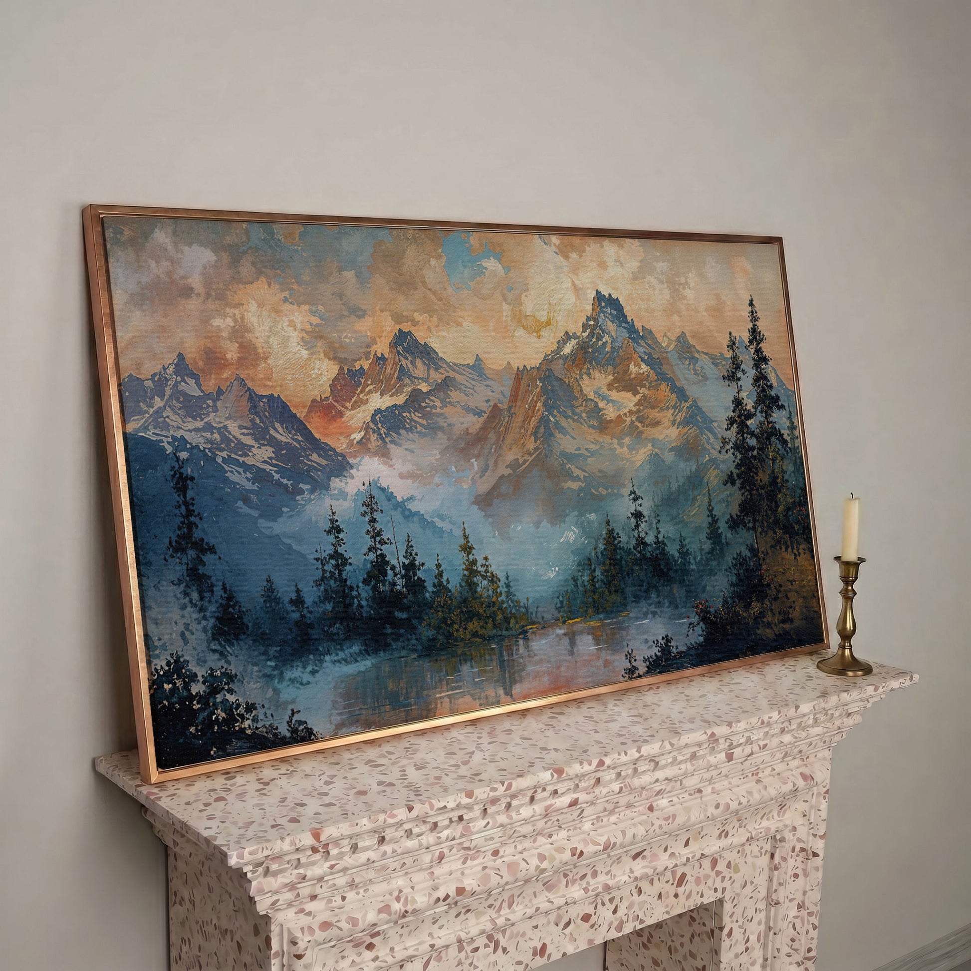 Snowy Mountain Peaks Panoramic Canvas in rose gold floating frame