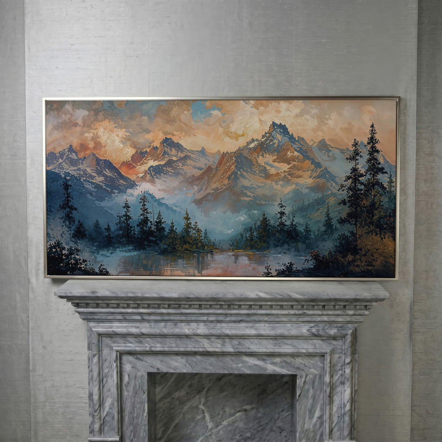Snowy Mountain Peaks Panoramic Canvas in silver floating frame