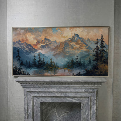 Snowy Mountain Peaks Panoramic Canvas in silver floating frame