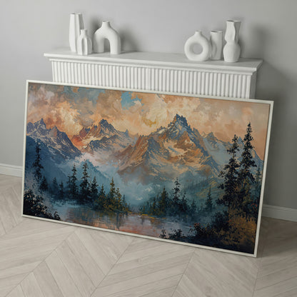 Snowy Mountain Peaks Panoramic Canvas in white floating frame