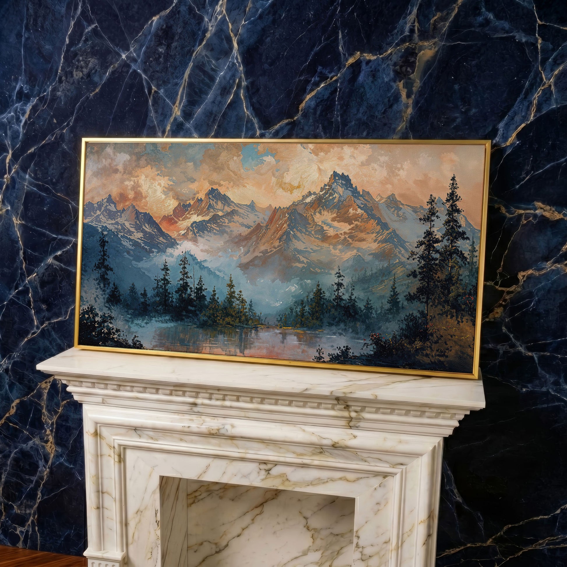 Snowy Mountain Peaks Panoramic Canvas in yellow gold floating frame