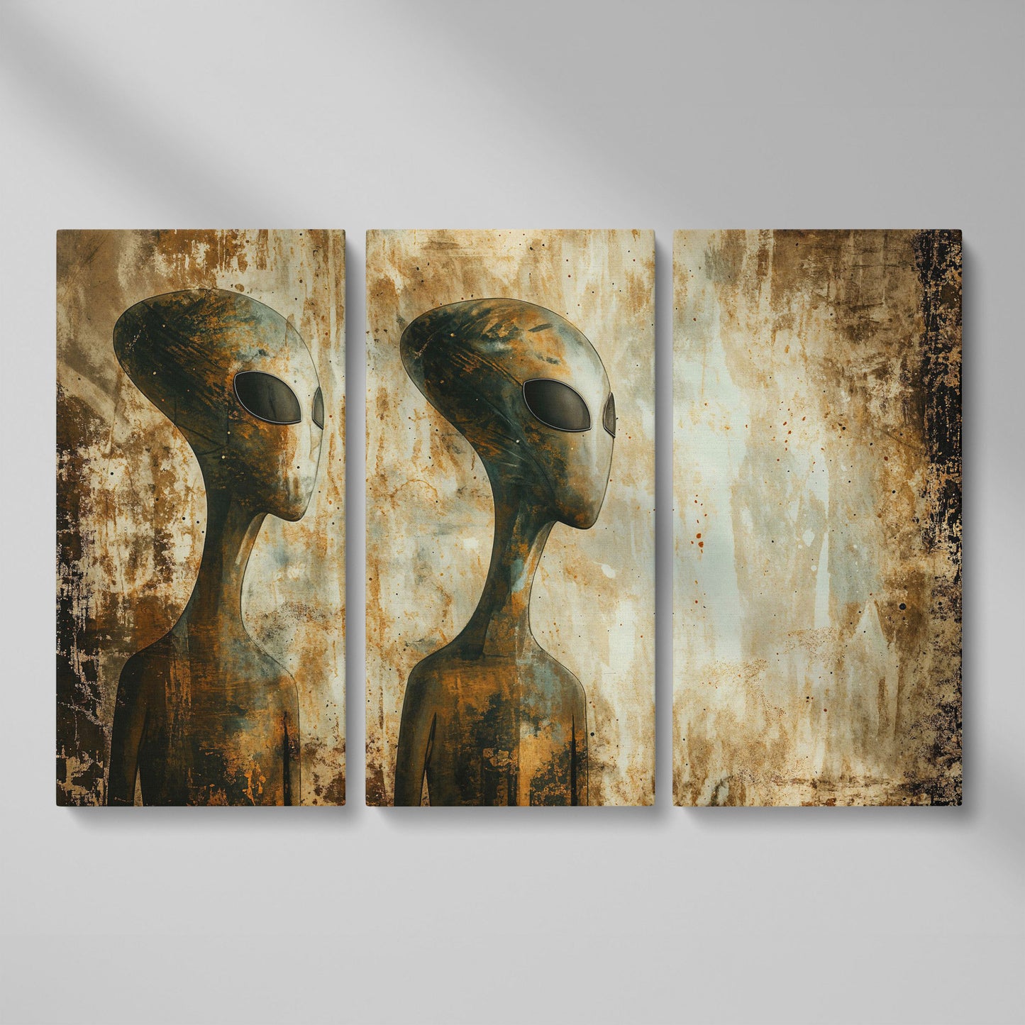 Alien Figures Canvas Art. Two Humanoid Forms, Large Black Eyes as 3-panel split version