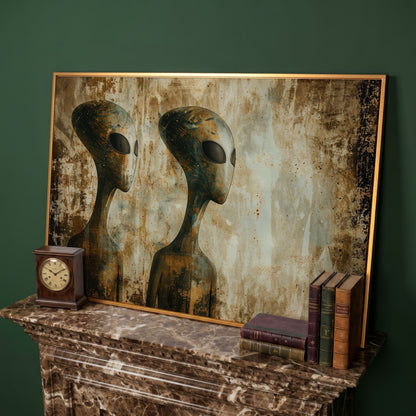 Alien Figures Canvas Art. Two Humanoid Forms, Large Black Eyes in antique gold floating frame