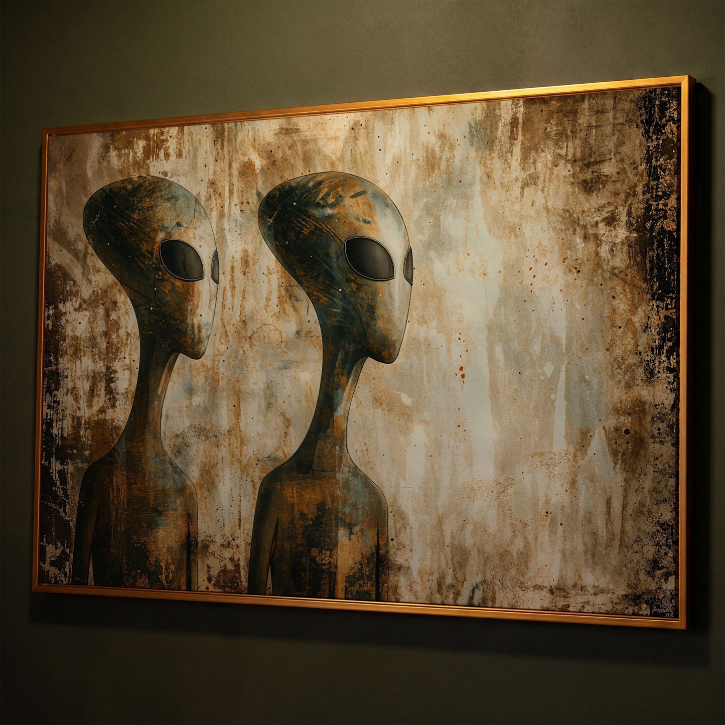 Alien Figures Canvas Art. Two Humanoid Forms, Large Black Eyes shown in antique gold floating frame
