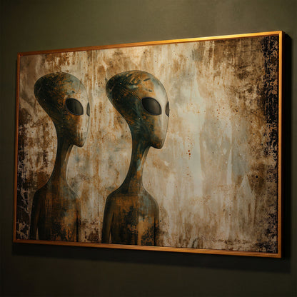 Alien Figures Canvas Art. Two Humanoid Forms, Large Black Eyes shown in antique gold floating frame