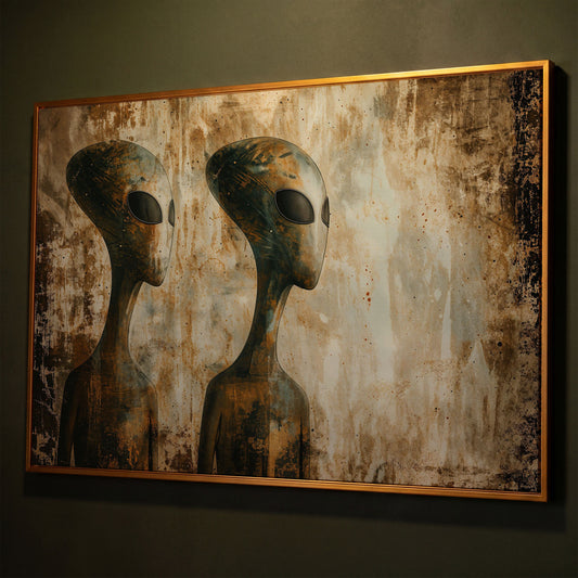 Alien Figures Canvas Art. Two Humanoid Forms, Large Black Eyes shown in antique gold floating frame