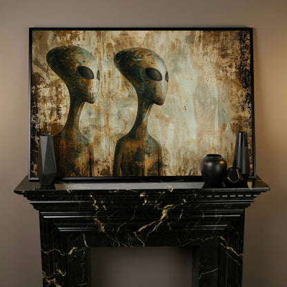 Alien Figures Canvas Art. Two Humanoid Forms, Large Black Eyes in black floating frame