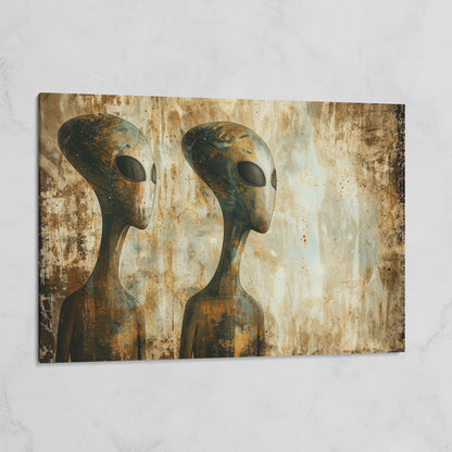 Alien Figures Canvas Art. Two Humanoid Forms, Large Black Eyes on gallery wrap