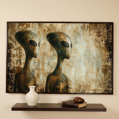 Alien Figures Canvas Art. Two Humanoid Forms, Large Black Eyes in dark walnut floating frame