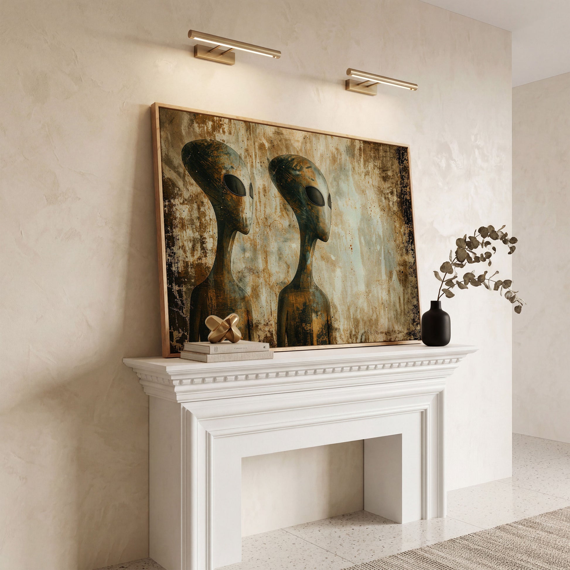 Alien Figures Canvas Art. Two Humanoid Forms, Large Black Eyes in white oak floating frame