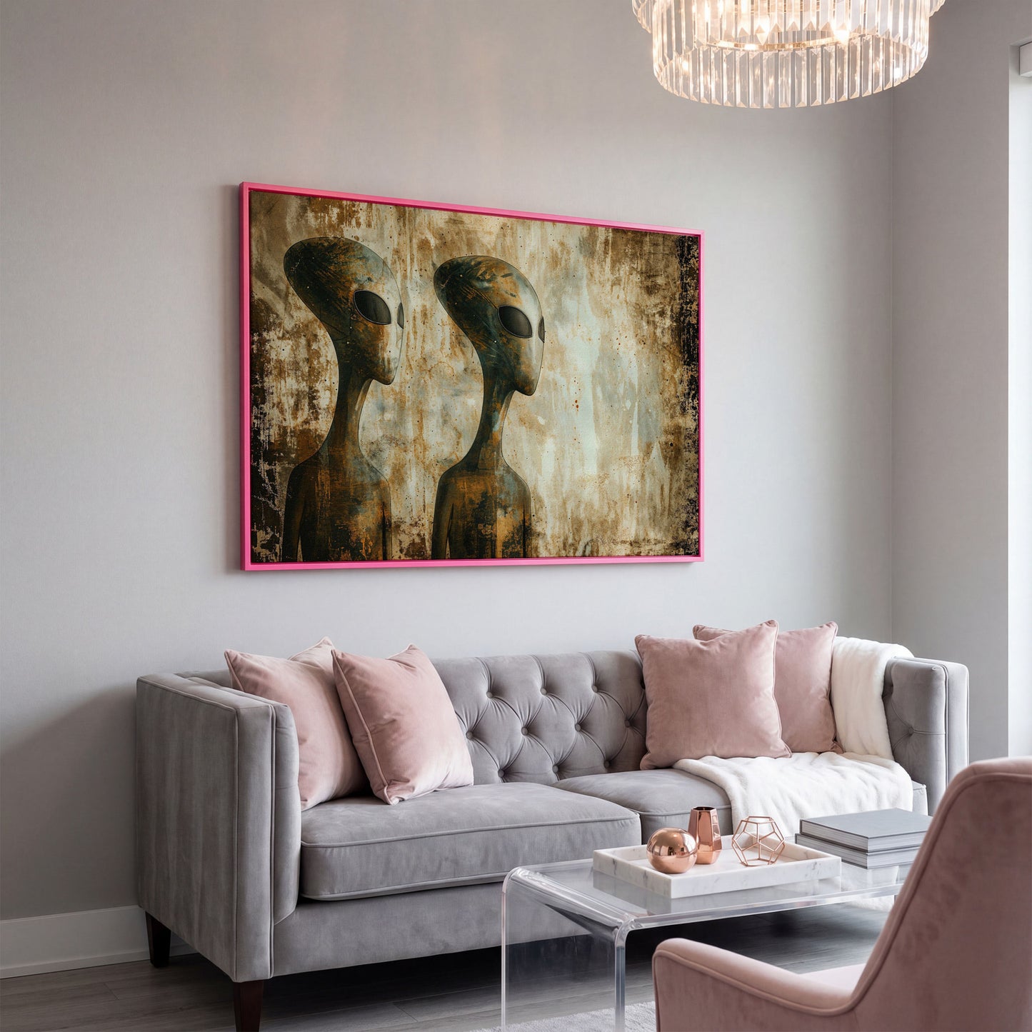 Alien Figures Canvas Art. Two Humanoid Forms, Large Black Eyes in pink floating frame