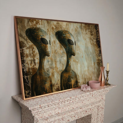 Alien Figures Canvas Art. Two Humanoid Forms, Large Black Eyes in rose gold floating frame