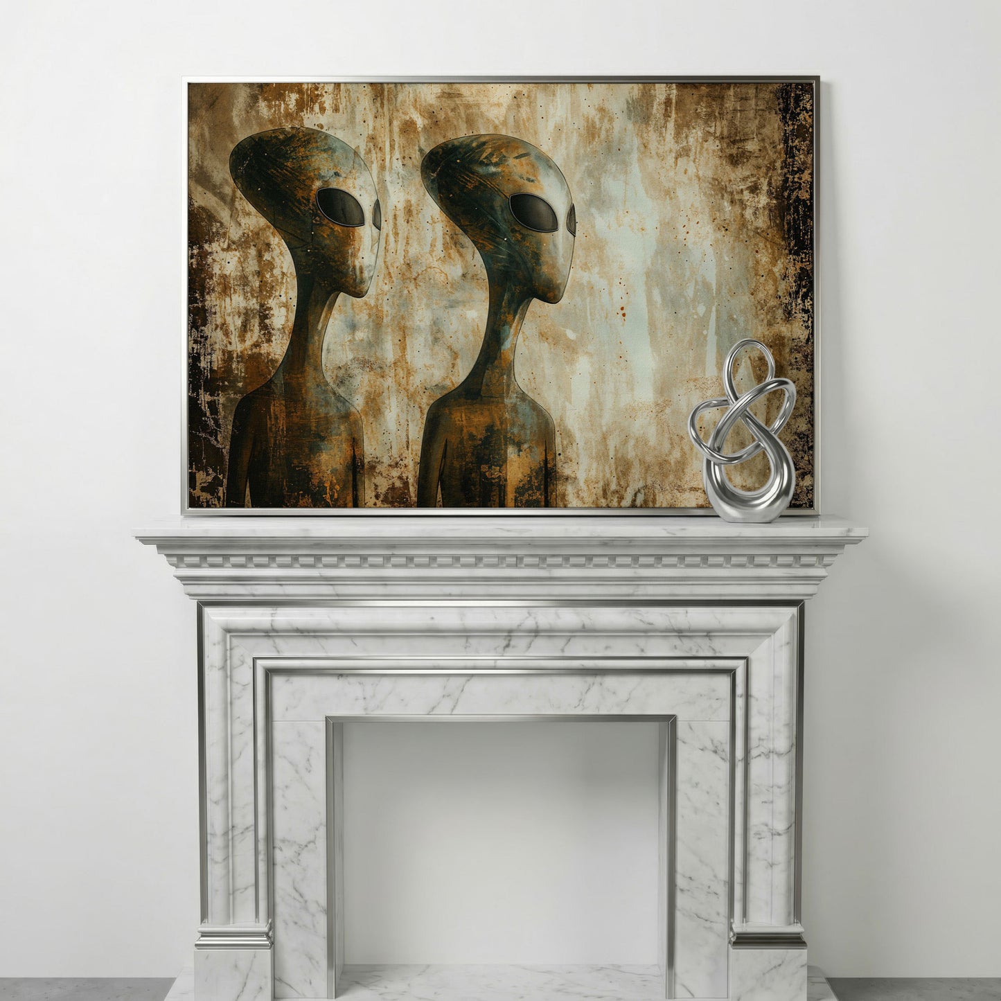 Alien Figures Canvas Art. Two Humanoid Forms, Large Black Eyes in silver floating frame