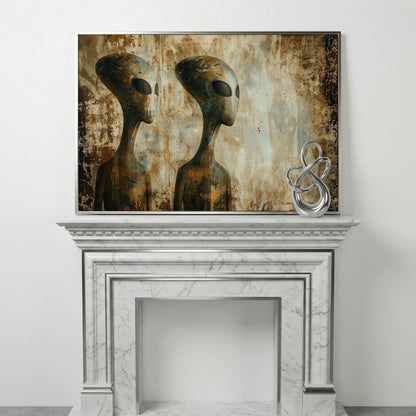 Alien Figures Canvas Art. Two Humanoid Forms, Large Black Eyes in silver floating frame
