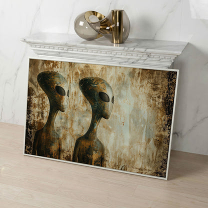 Alien Figures Canvas Art. Two Humanoid Forms, Large Black Eyes in white floating frame