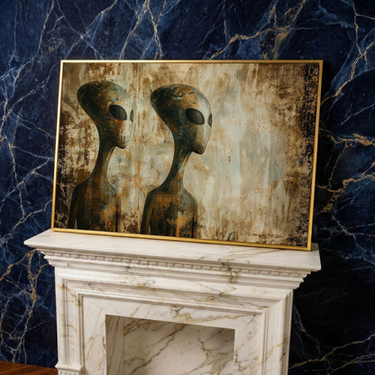 Alien Figures Canvas Art. Two Humanoid Forms, Large Black Eyes in yellow gold floating frame
