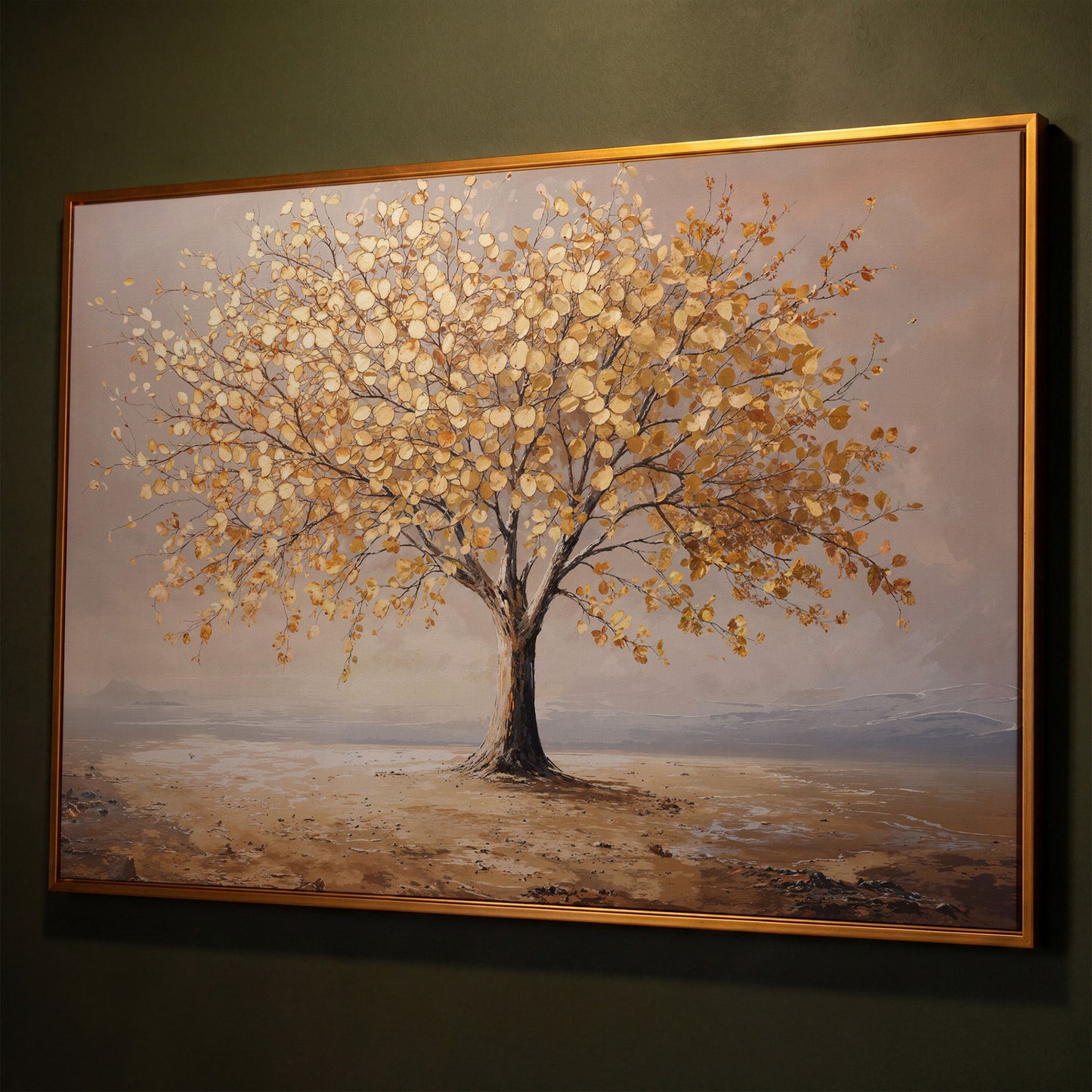 Golden Tree of Life Canvas shown in antique gold floating frame