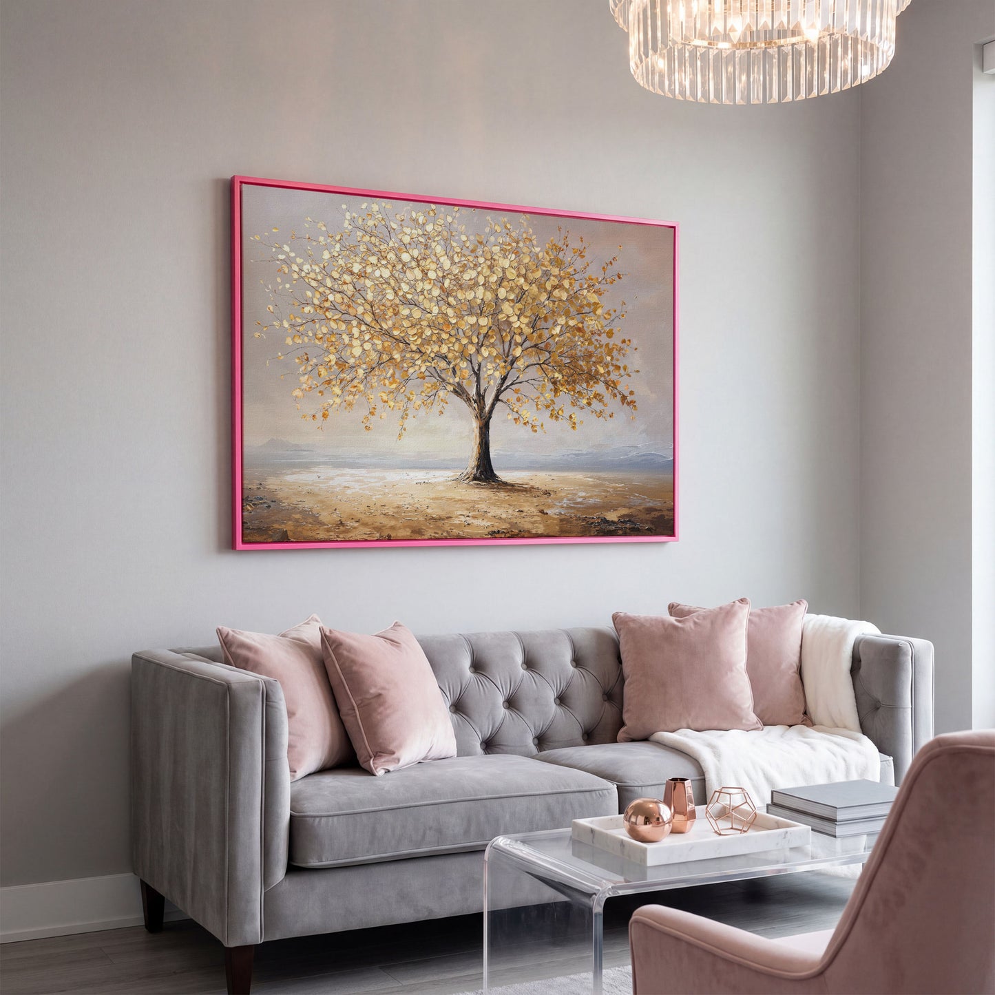 Golden Tree of Life Canvas in pink floating frame