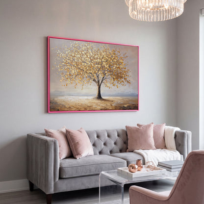 Golden Tree of Life Canvas in pink floating frame
