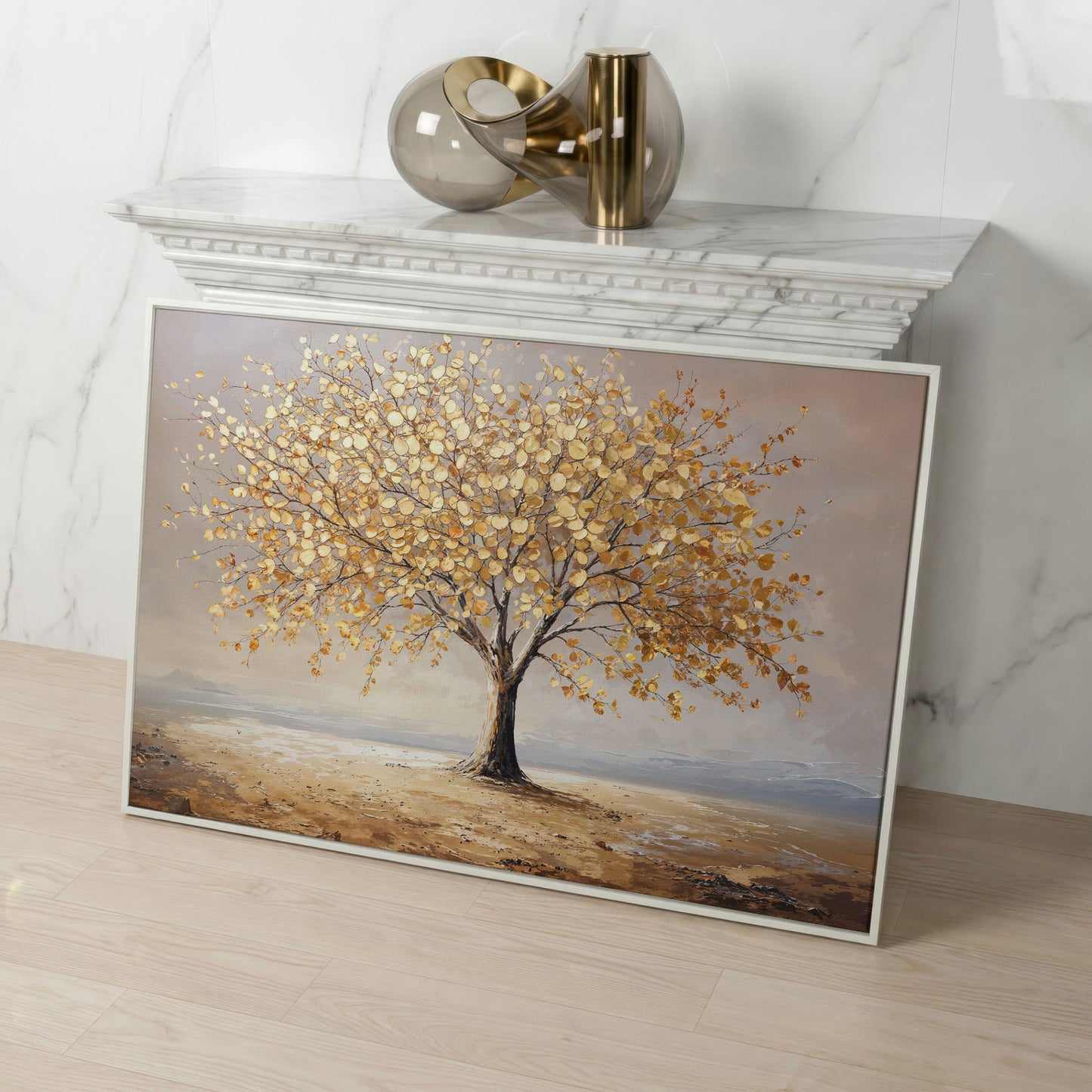 Golden Tree of Life Canvas in white floating frame