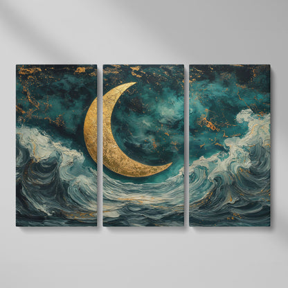 Crescent Moon Over Ocean Waves Canvas as 3-panel split version