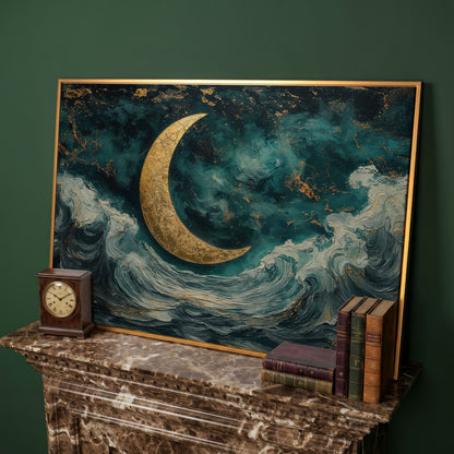 Crescent Moon Over Ocean Waves Canvas in antique gold floating frame