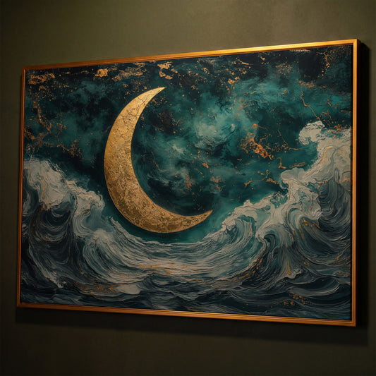 Crescent Moon Over Ocean Waves Canvas shown in antique gold floating frame