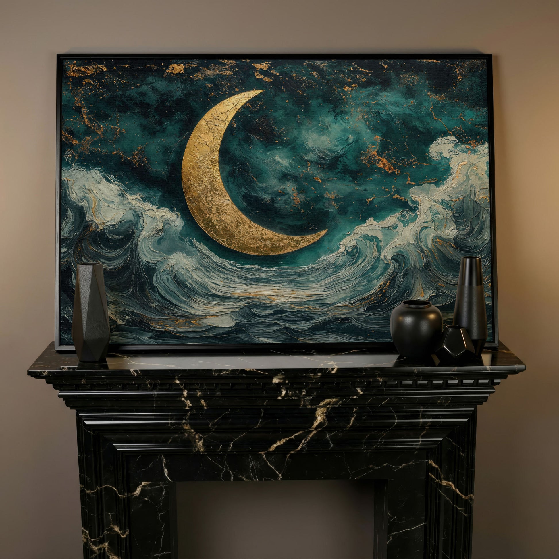 Crescent Moon Over Ocean Waves Canvas in black floating frame