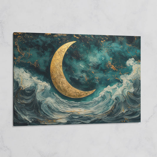 Crescent Moon Over Ocean Waves Canvas on gallery wrap