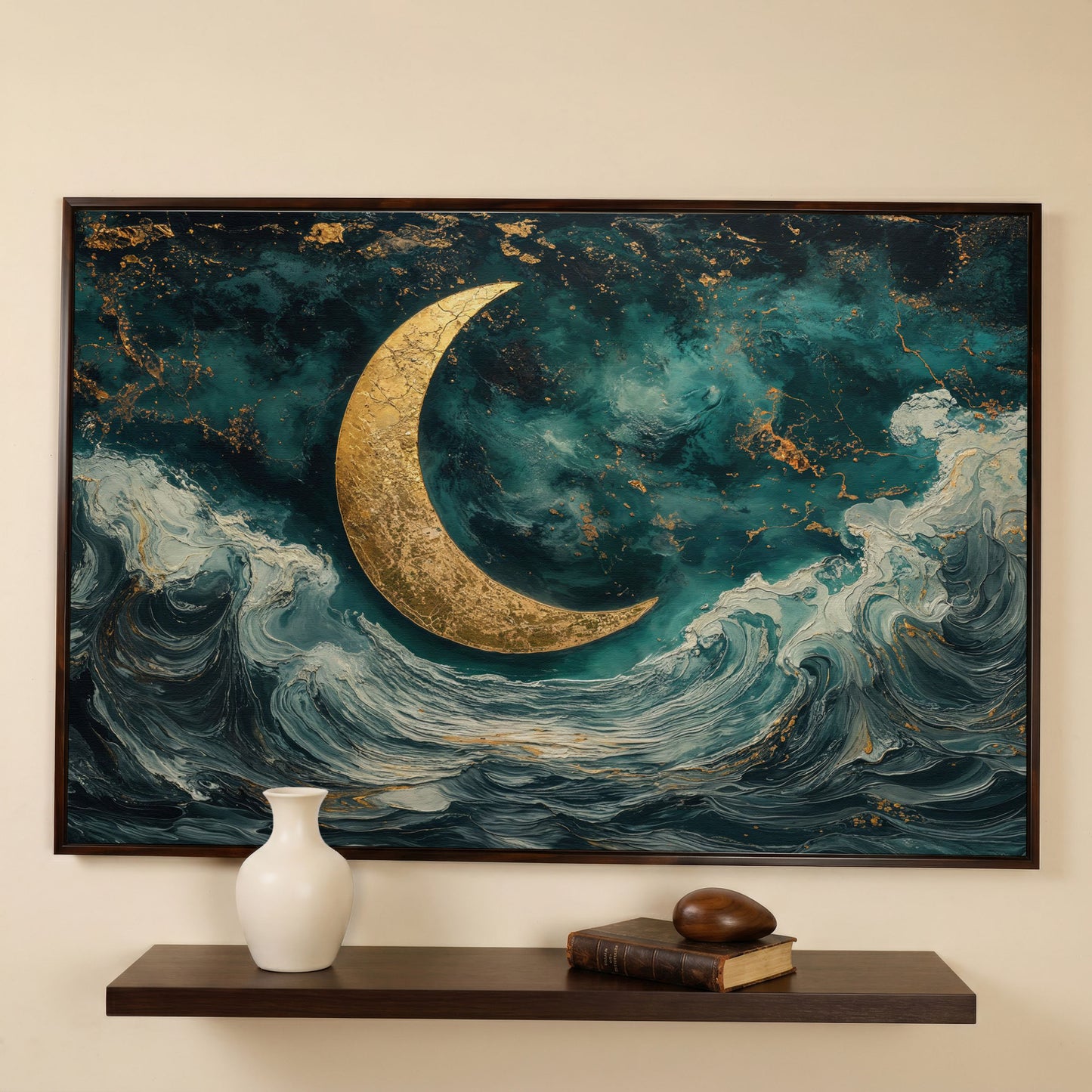 Crescent Moon Over Ocean Waves Canvas in dark walnut floating frame