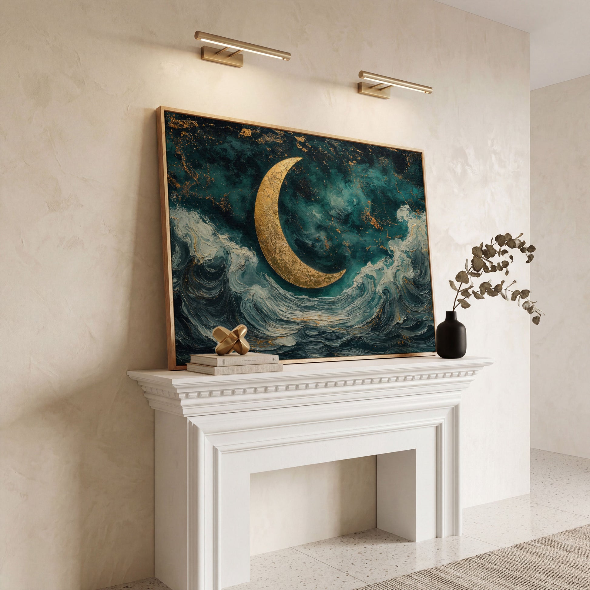 Crescent Moon Over Ocean Waves Canvas in white oak floating frame