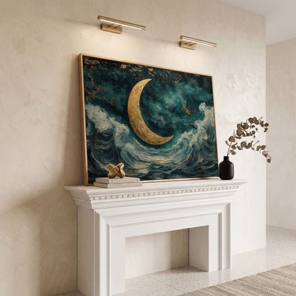 Crescent Moon Over Ocean Waves Canvas in white oak floating frame