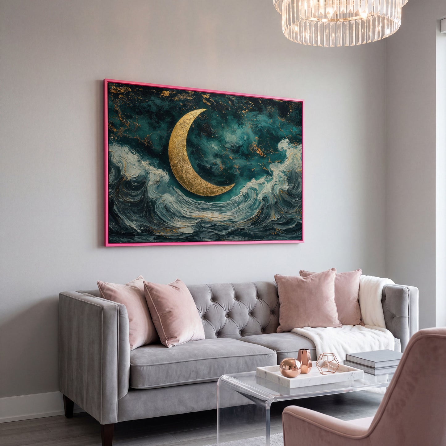 Crescent Moon Over Ocean Waves Canvas in pink floating frame