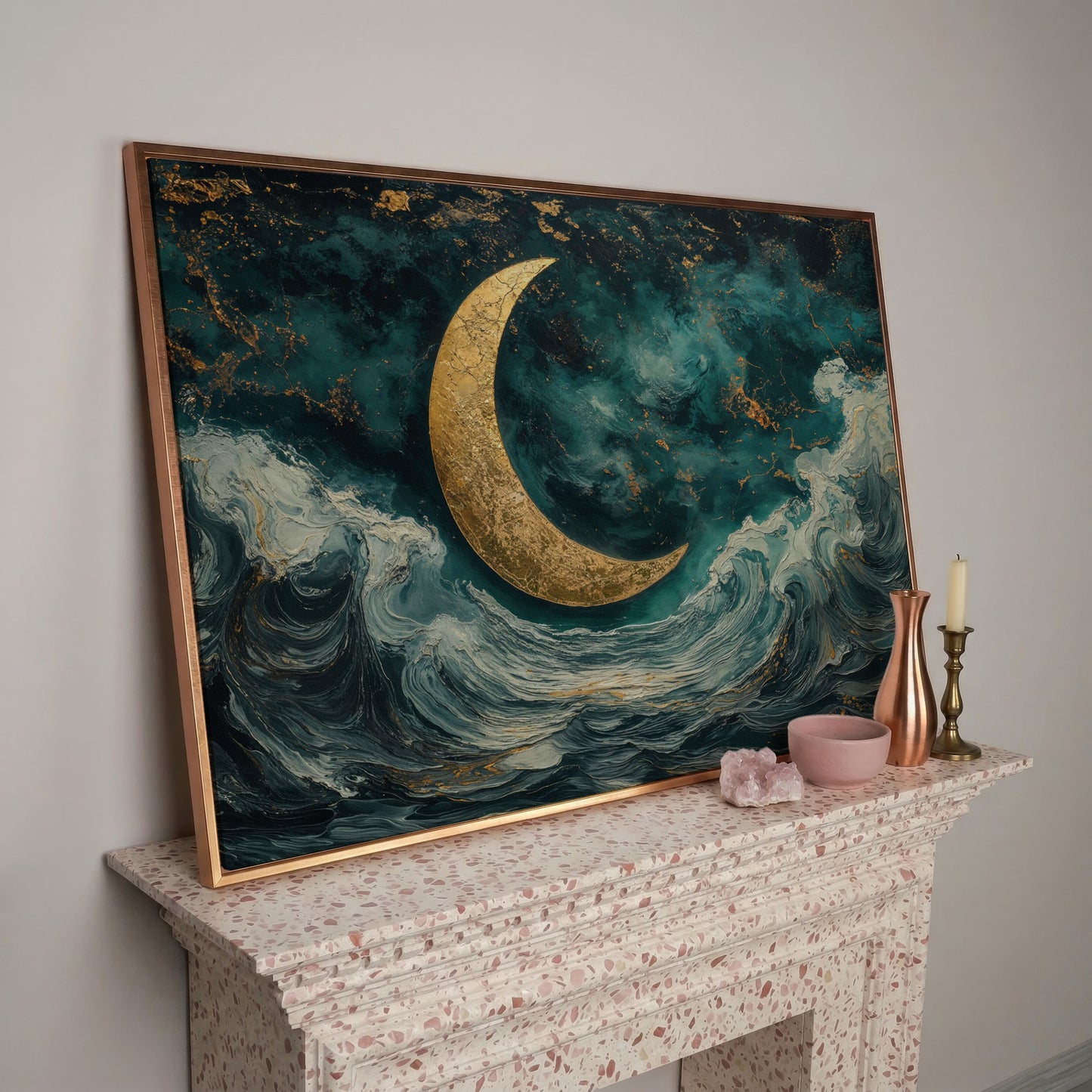 Crescent Moon Over Ocean Waves Canvas in rose gold floating frame