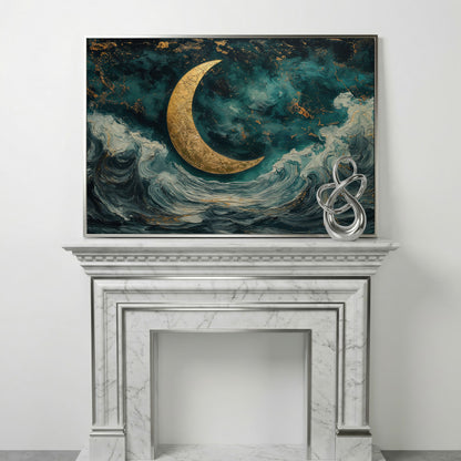 Crescent Moon Over Ocean Waves Canvas in silver floating frame