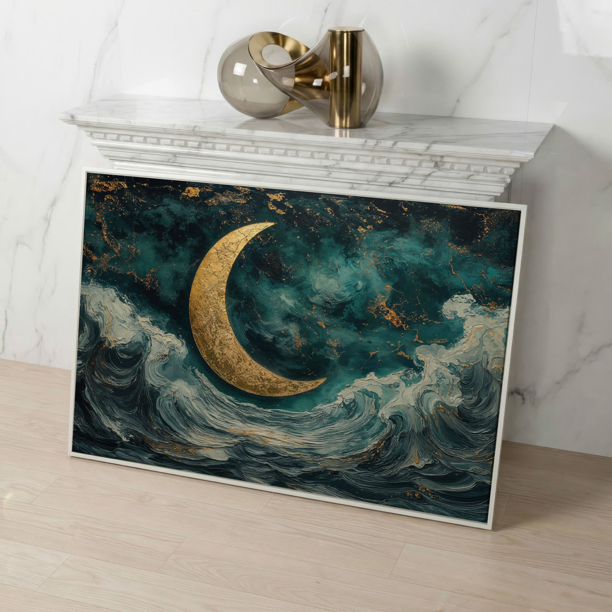 Crescent Moon Over Ocean Waves Canvas in white floating frame
