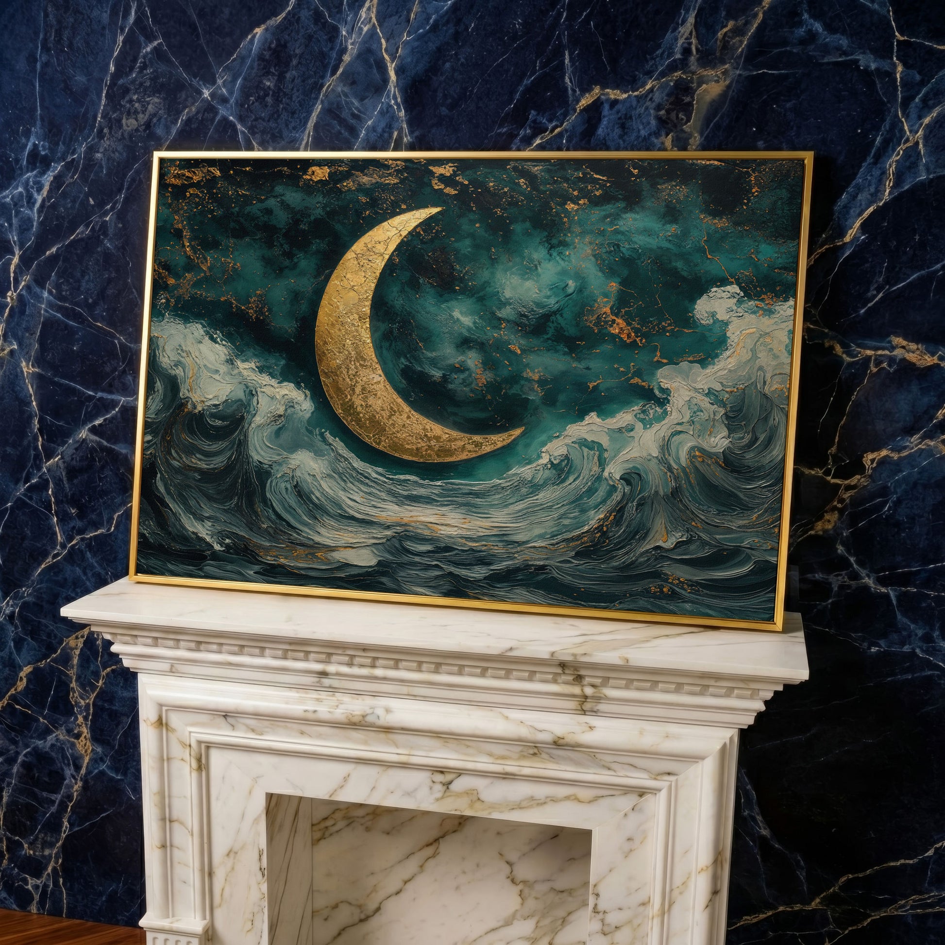 Crescent Moon Over Ocean Waves Canvas in yellow gold floating frame