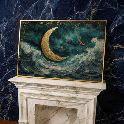 Crescent Moon Over Ocean Waves Canvas in yellow gold floating frame