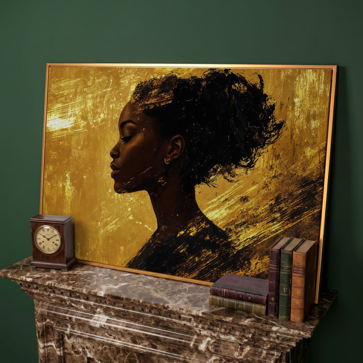 Black Woman Profile Canvas Print with Gold Accents in antique gold floating frame